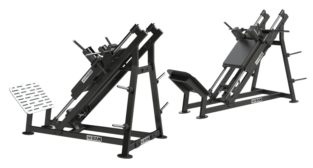 Hack Squat Linear da linha M-HAM, vista em perspectiva