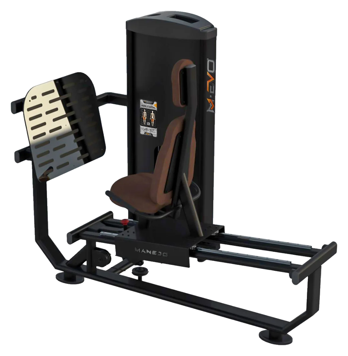 Leg Press Horizontal da linha M-EVO, vista em perspectiva